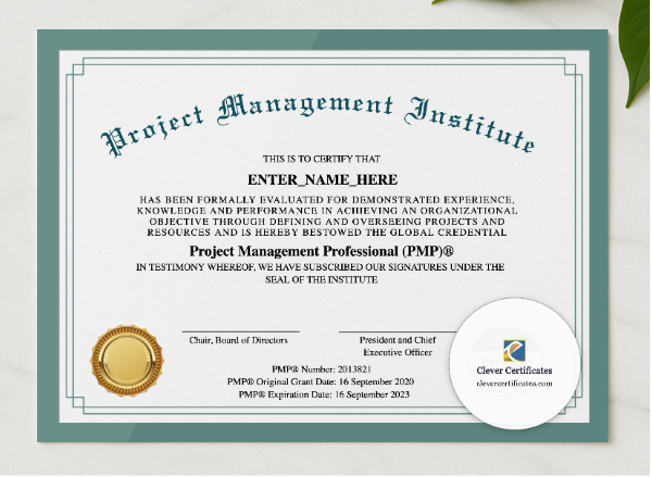 Project Management Professional Certificate presented in a sleek wooden frame, elegantly arranged on a stylish table.
