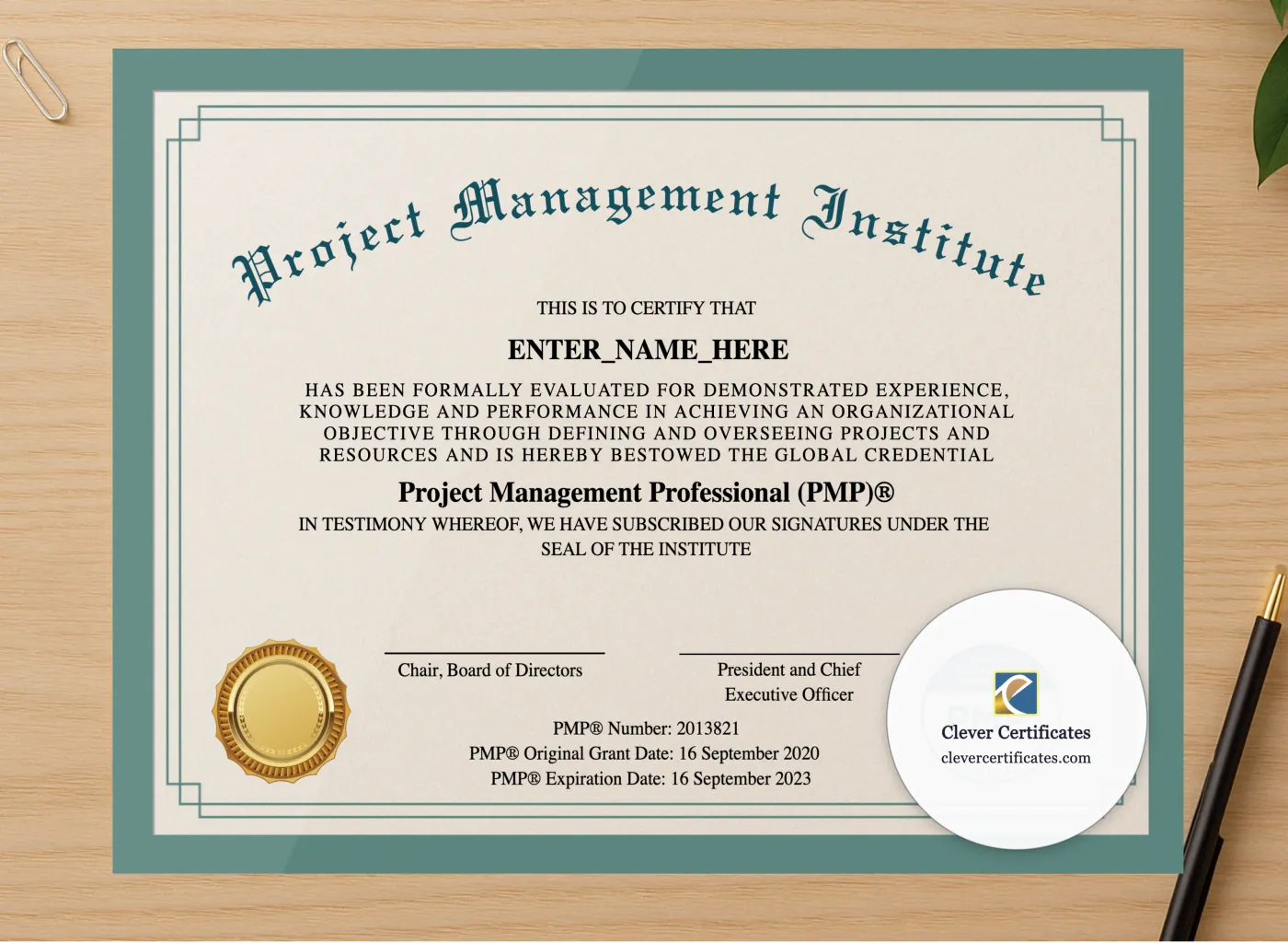 Professional preview of Project Management Professional Certificate certificate on high-quality stationery paper, ideal for showcasing the final look.