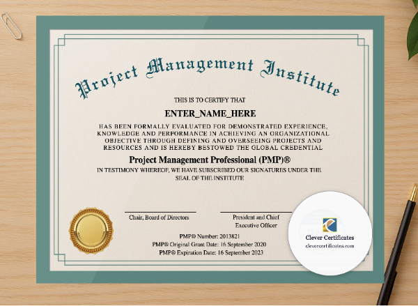 Professional preview of Project Management Professional Certificate certificate on high-quality stationery paper, ideal for showcasing the final look.
