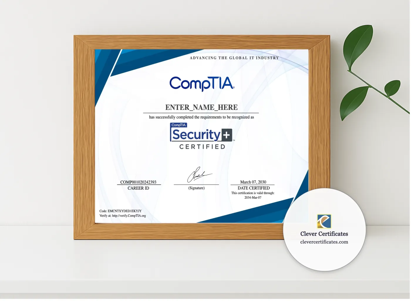 Realistic mockup featuring CompTIA Security Plus Certificate displayed within a modern frame, set against a minimalistic background.