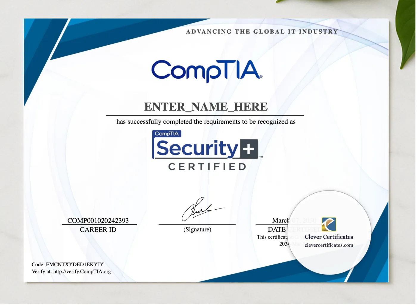 CompTIA Security Plus Certificate presented in a sleek wooden frame, elegantly arranged on a stylish table.