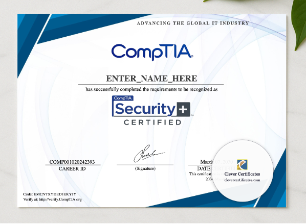 CompTIA Security Plus Certificate presented in a sleek wooden frame, elegantly arranged on a stylish table.