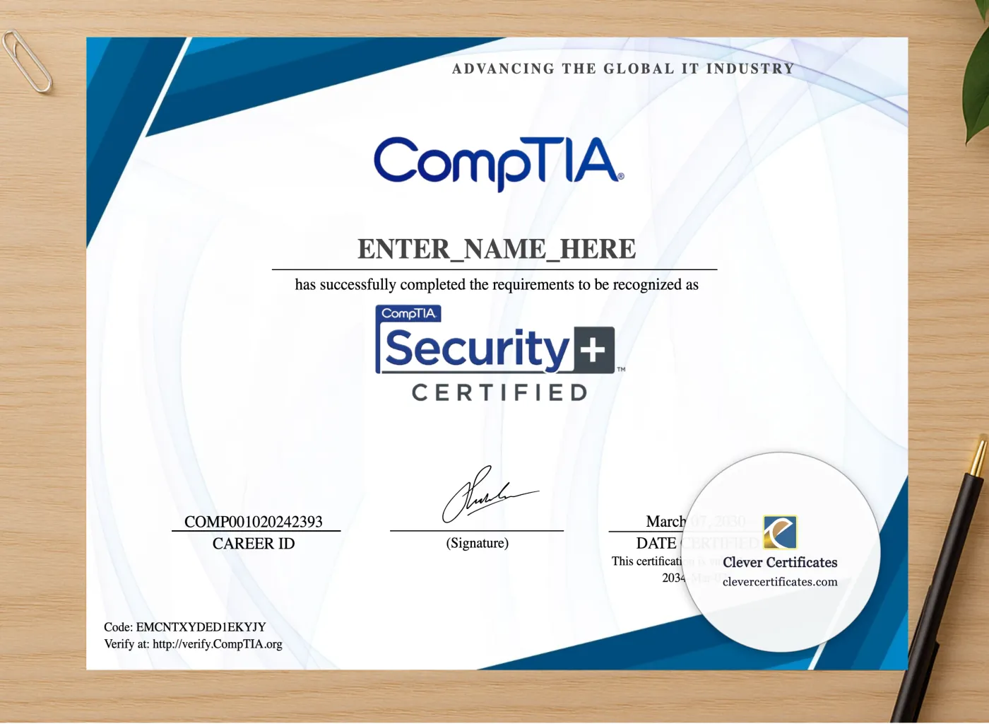 Professional preview of CompTIA Security Plus Certificate certificate on high-quality stationery paper, ideal for showcasing the final look.