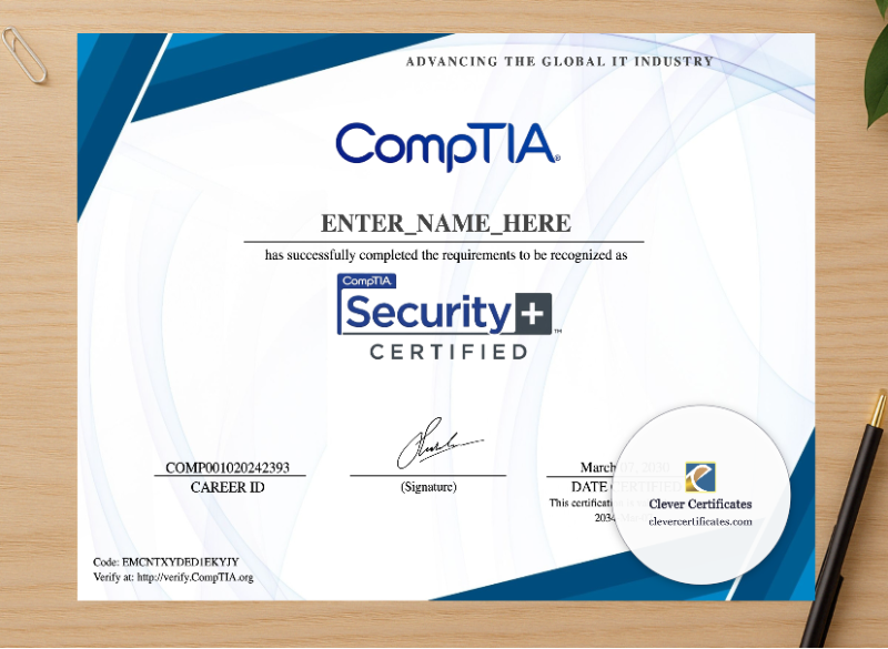 Professional preview of CompTIA Security Plus Certificate certificate on high-quality stationery paper, ideal for showcasing the final look.