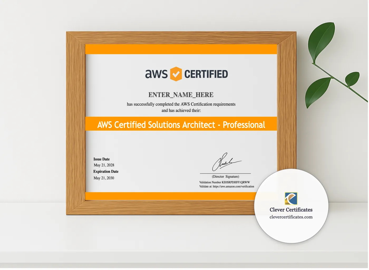 Realistic mockup featuring AWS Certified Solutions Architect Certificate displayed within a modern frame, set against a minimalistic background.