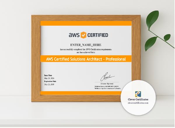 Realistic mockup featuring AWS Certified Solutions Architect Certificate displayed within a modern frame, set against a minimalistic background.