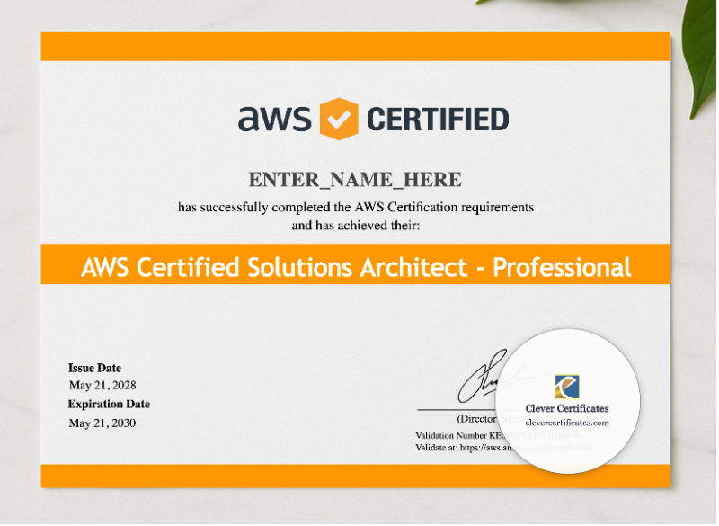 AWS Certified Solutions Architect Certificate presented in a sleek wooden frame, elegantly arranged on a stylish table.
