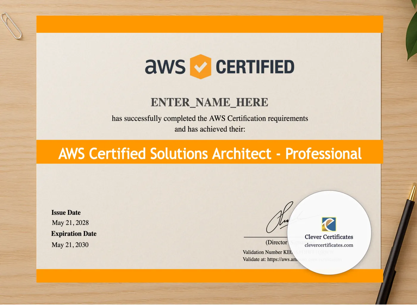 Professional preview of AWS Certified Solutions Architect Certificate certificate on high-quality stationery paper, ideal for showcasing the final look.