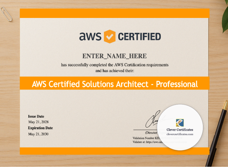 Professional preview of AWS Certified Solutions Architect Certificate certificate on high-quality stationery paper, ideal for showcasing the final look.