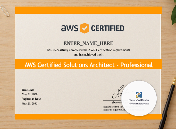 Professional preview of AWS Certified Solutions Architect Certificate certificate on high-quality stationery paper, ideal for showcasing the final look.