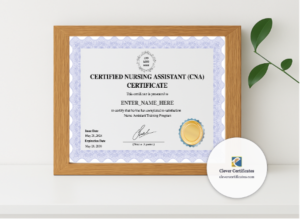 Realistic mockup featuring Certified Nursing Assistant Certificate displayed within a modern frame, set against a minimalistic background.