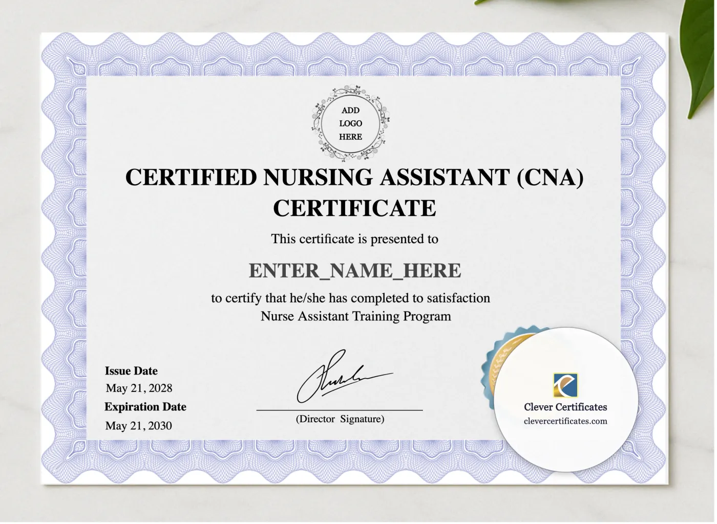 Certified Nursing Assistant Certificate presented in a sleek wooden frame, elegantly arranged on a stylish table.