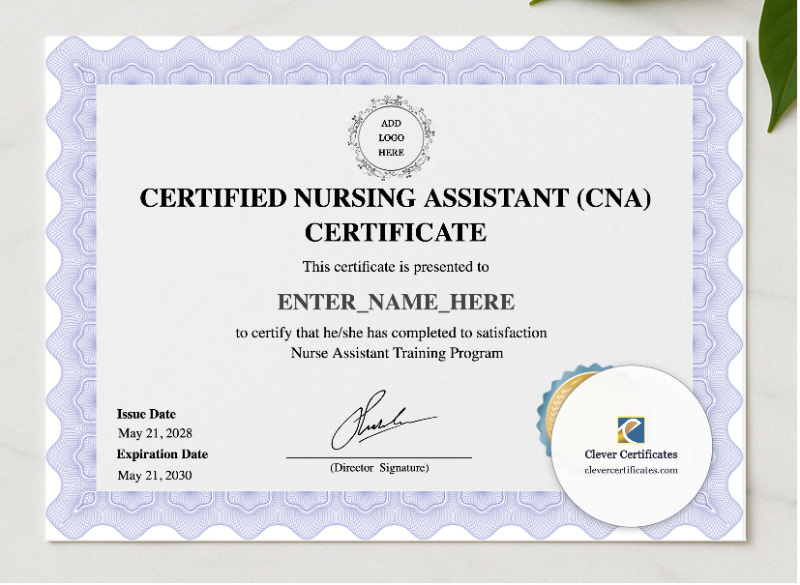 Certified Nursing Assistant Certificate presented in a sleek wooden frame, elegantly arranged on a stylish table.