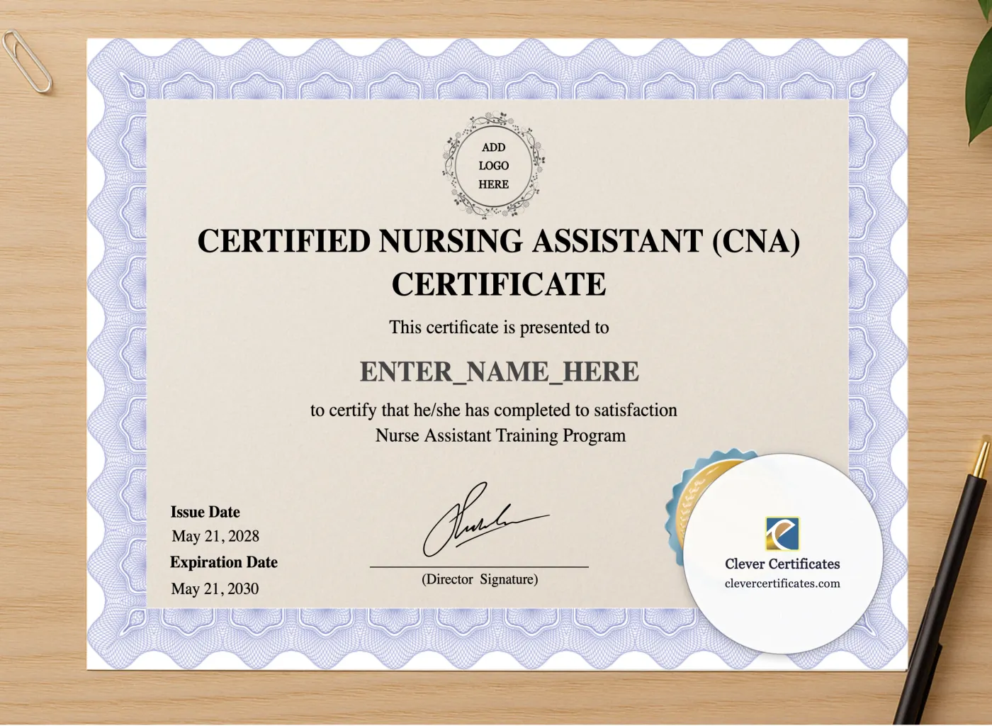 Professional preview of Certified Nursing Assistant Certificate certificate on high-quality stationery paper, ideal for showcasing the final look.