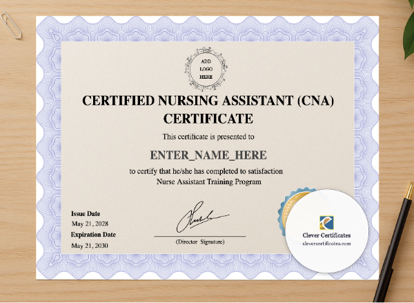 Professional preview of Certified Nursing Assistant Certificate certificate on high-quality stationery paper, ideal for showcasing the final look.