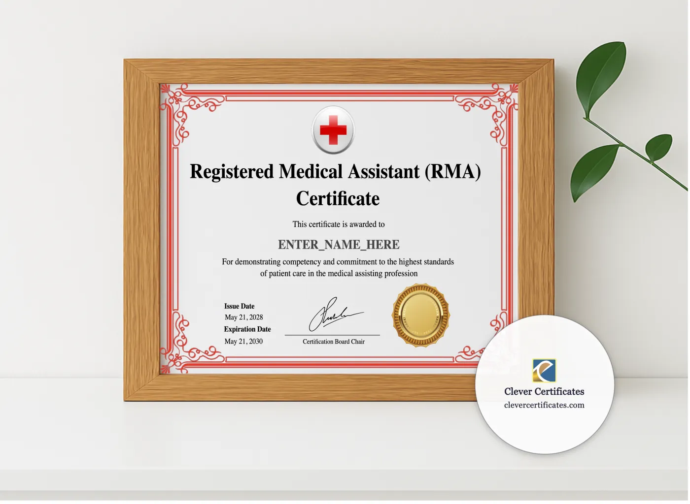 Realistic mockup featuring Medical Assistant Certificate displayed within a modern frame, set against a minimalistic background.