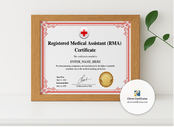 Realistic mockup featuring Medical Assistant Certificate displayed within a modern frame, set against a minimalistic background.