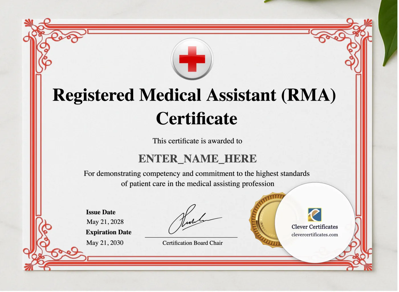 Medical Assistant Certificate presented in a sleek wooden frame, elegantly arranged on a stylish table.