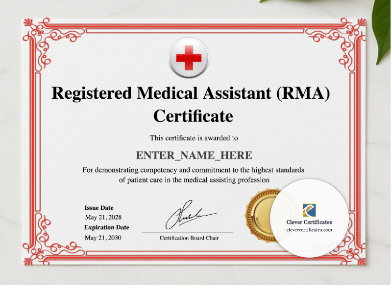 Medical Assistant Certificate presented in a sleek wooden frame, elegantly arranged on a stylish table.