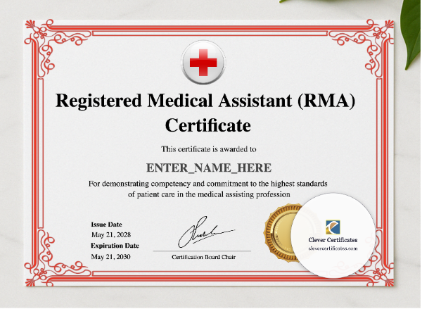 Medical Assistant Certificate presented in a sleek wooden frame, elegantly arranged on a stylish table.