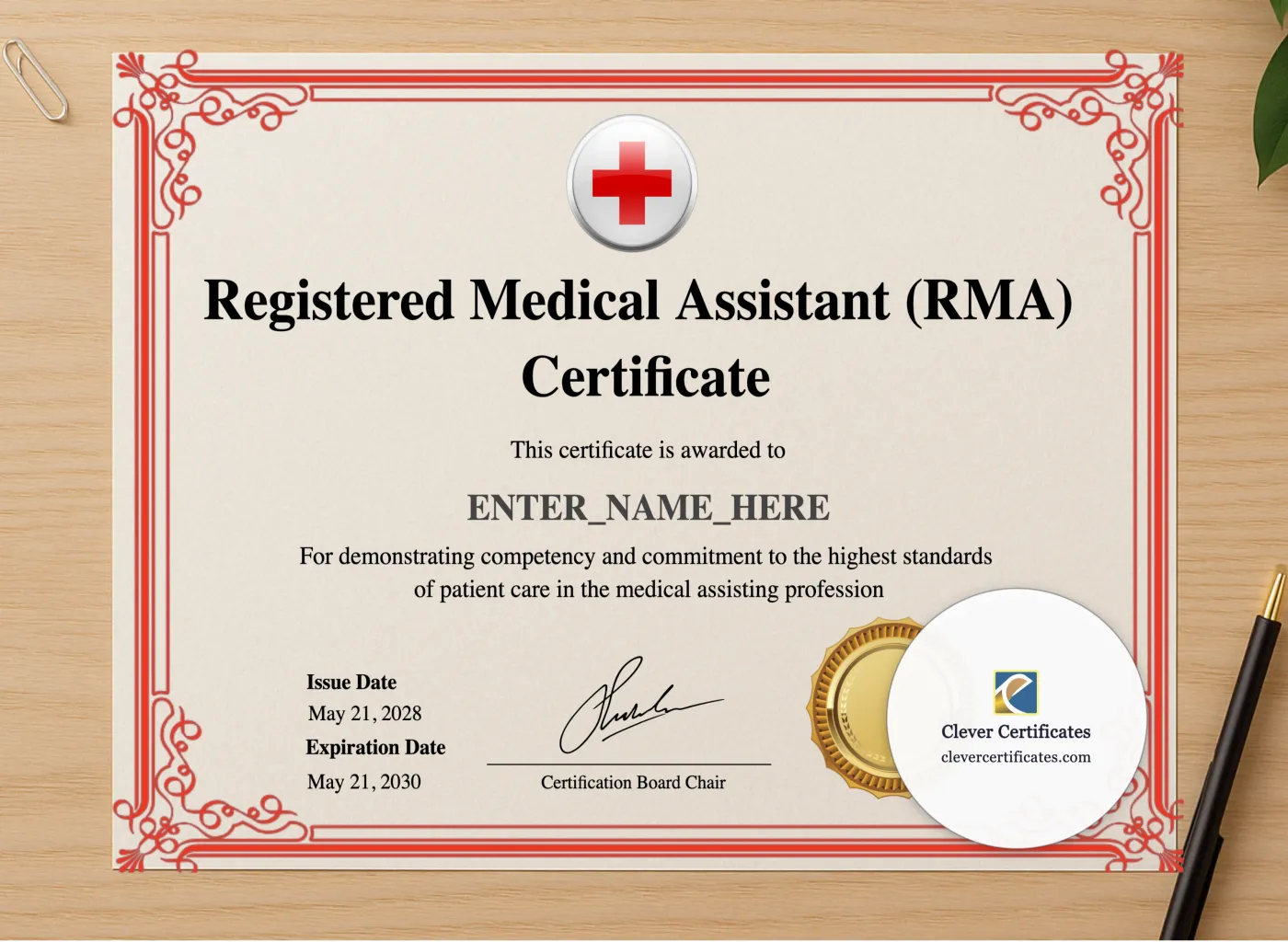 Professional preview of Medical Assistant Certificate certificate on high-quality stationery paper, ideal for showcasing the final look.