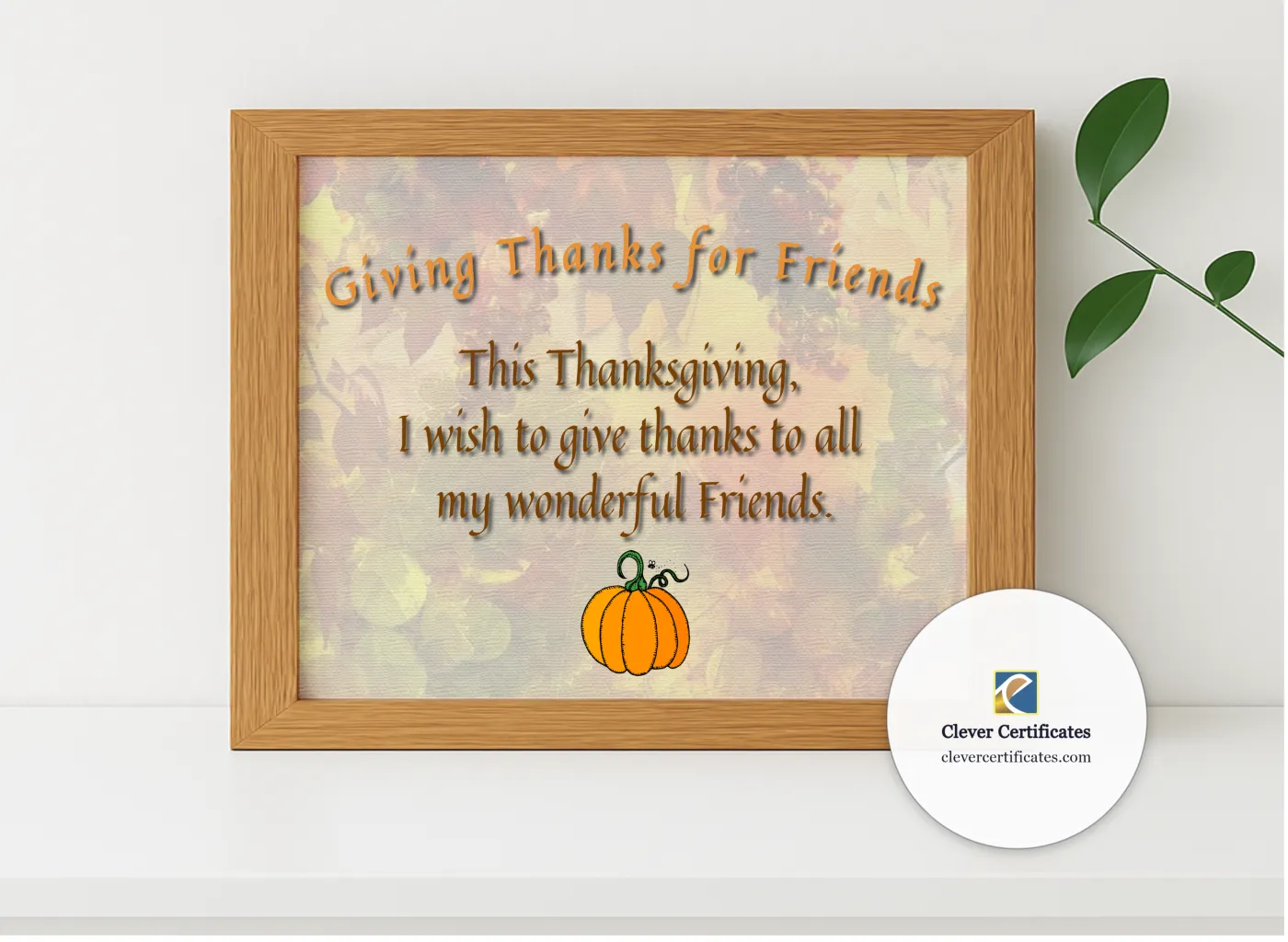 Realistic mockup featuring Giving Thanks For Friends displayed within a modern frame, set against a minimalistic background.