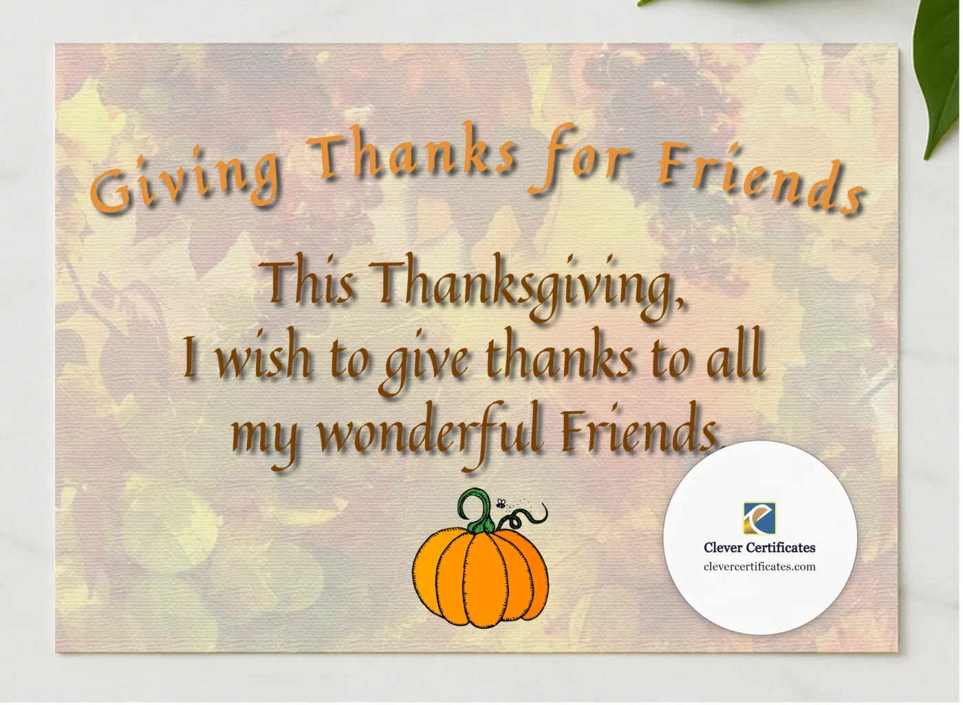 Giving Thanks For Friends presented in a sleek wooden frame, elegantly arranged on a stylish table.