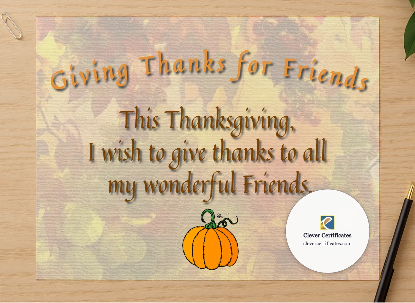 Professional preview of Giving Thanks For Friends certificate on high-quality stationery paper, ideal for showcasing the final look.