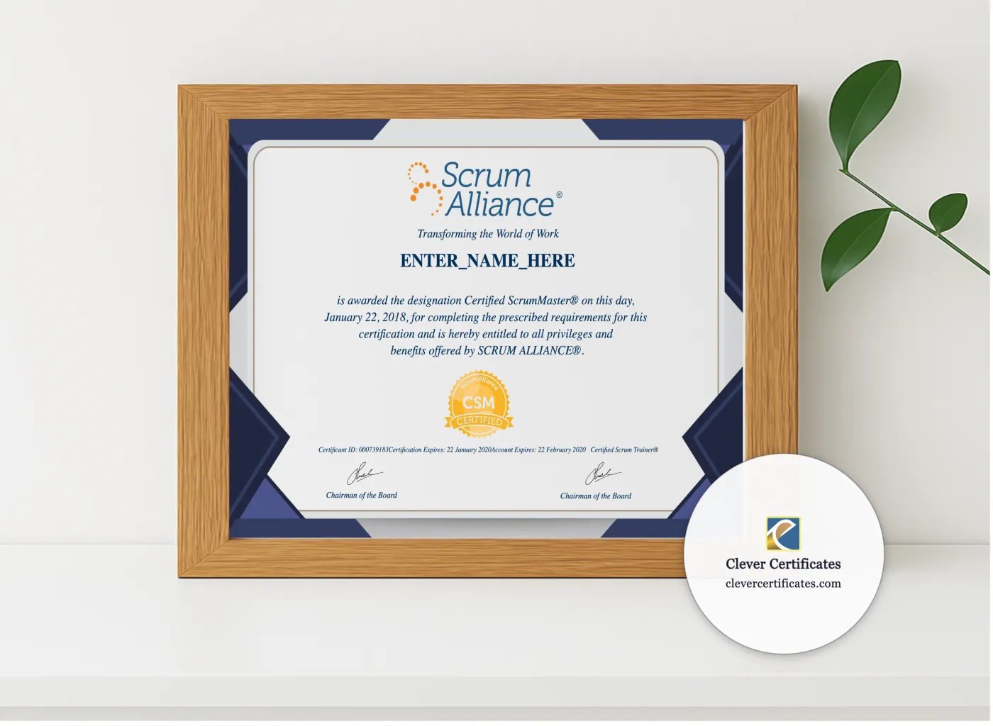 Realistic mockup featuring Certified ScrumMaster Certificate displayed within a modern frame, set against a minimalistic background.