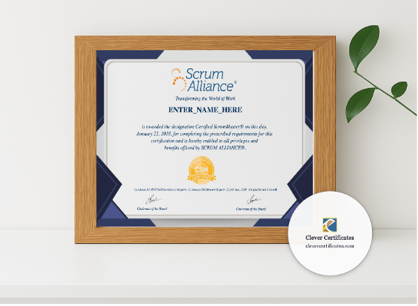 Realistic mockup featuring Certified ScrumMaster Certificate displayed within a modern frame, set against a minimalistic background.