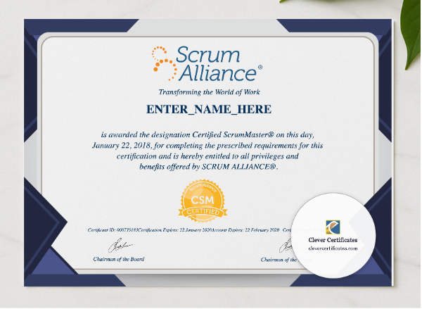 Certified ScrumMaster Certificate presented in a sleek wooden frame, elegantly arranged on a stylish table.