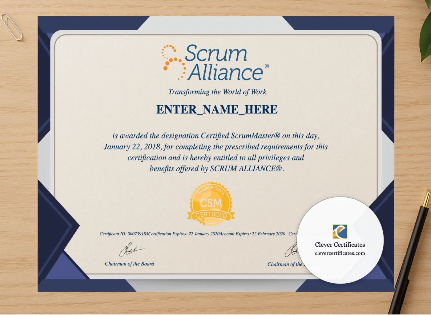 Professional preview of Certified ScrumMaster Certificate certificate on high-quality stationery paper, ideal for showcasing the final look.