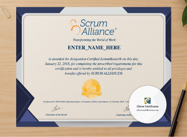 Professional preview of Certified ScrumMaster Certificate certificate on high-quality stationery paper, ideal for showcasing the final look.