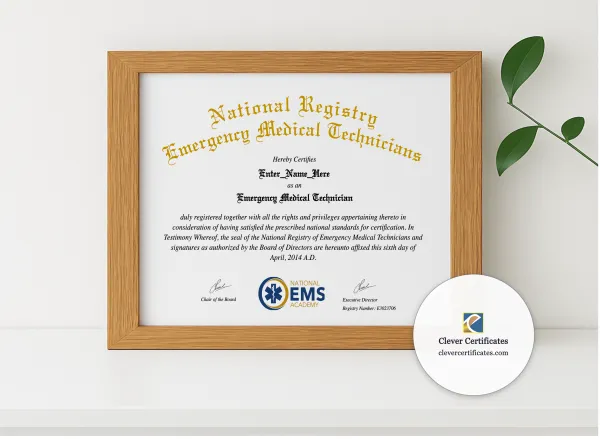 Realistic mockup featuring Emergency Medical Technician Certificate displayed within a modern frame, set against a minimalistic background.