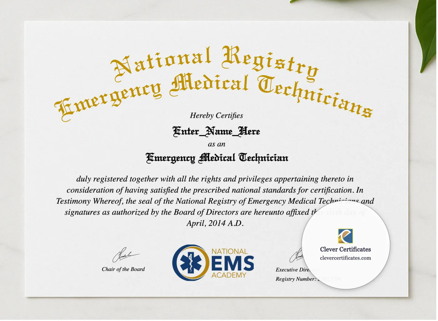 Emergency Medical Technician Certificate presented in a sleek wooden frame, elegantly arranged on a stylish table.