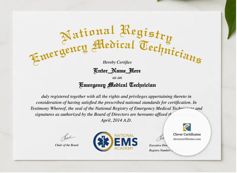 Emergency Medical Technician Certificate presented in a sleek wooden frame, elegantly arranged on a stylish table.
