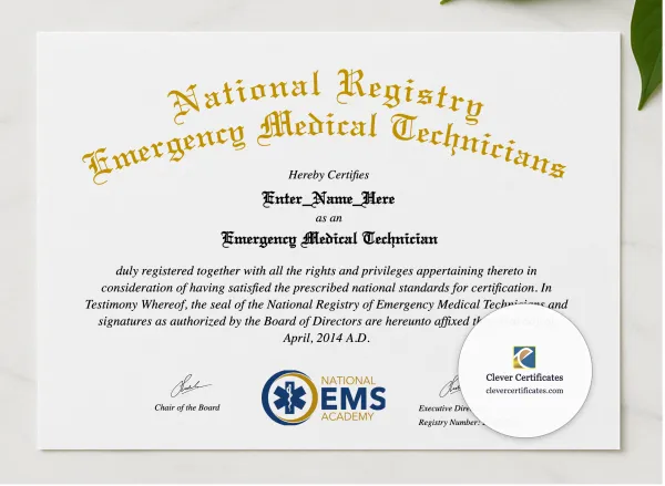 Emergency Medical Technician Certificate presented in a sleek wooden frame, elegantly arranged on a stylish table.