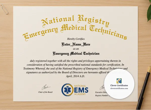 Professional preview of Emergency Medical Technician Certificate certificate on high-quality stationery paper, ideal for showcasing the final look.