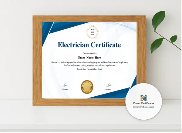 Realistic mockup featuring Electrician Certificate displayed within a modern frame, set against a minimalistic background.
