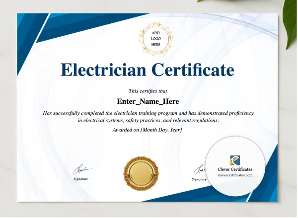 Electrician Certificate presented in a sleek wooden frame, elegantly arranged on a stylish table.