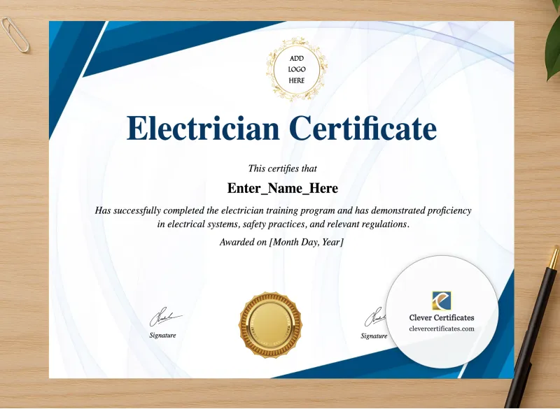 Professional preview of Electrician Certificate certificate on high-quality stationery paper, ideal for showcasing the final look.