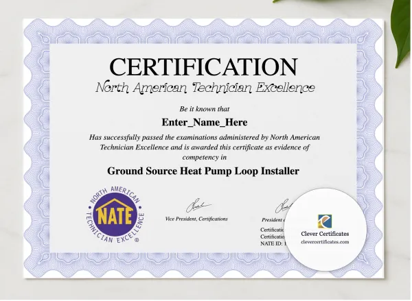 HVAC Technician Certificate presented in a sleek wooden frame, elegantly arranged on a stylish table.