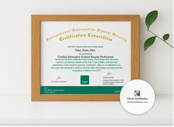 Realistic mockup featuring Certified Information Systems Security Professional Certificate displayed within a modern frame, set against a minimalistic background.