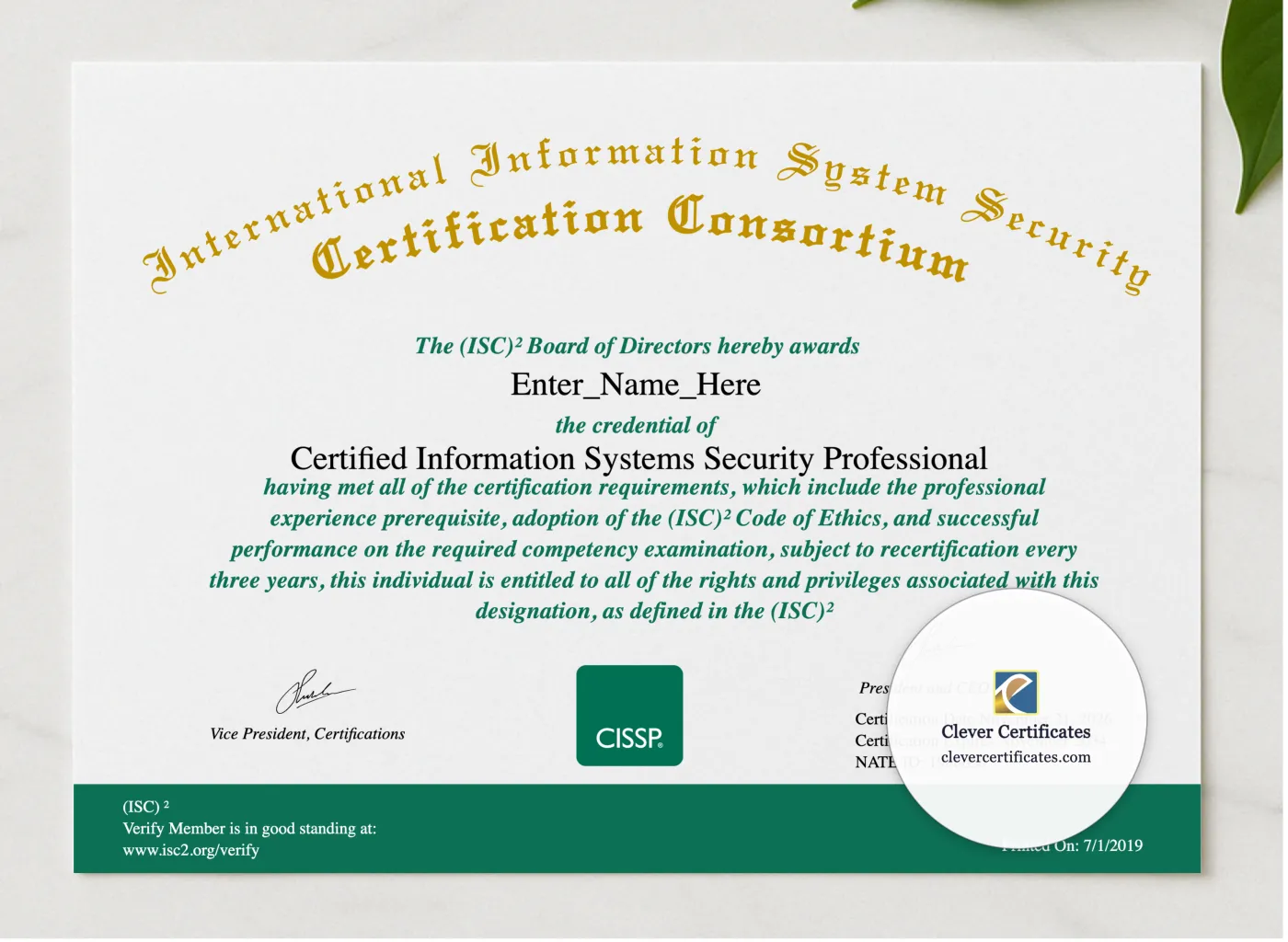 Certified Information Systems Security Professional Certificate presented in a sleek wooden frame, elegantly arranged on a stylish table.