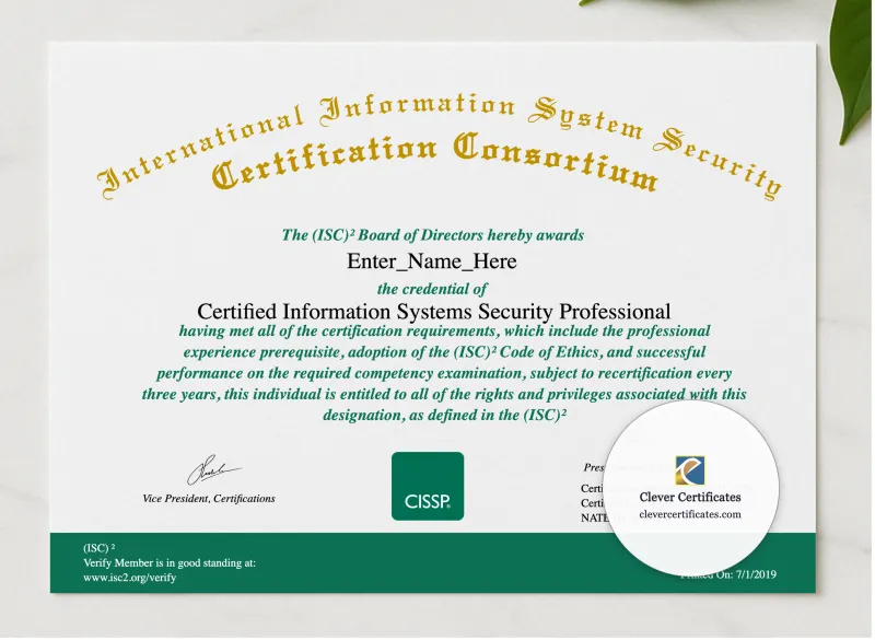 Certified Information Systems Security Professional Certificate presented in a sleek wooden frame, elegantly arranged on a stylish table.