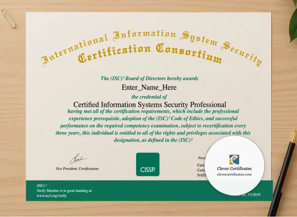 Professional preview of Certified Information Systems Security Professional Certificate certificate on high-quality stationery paper, ideal for showcasing the final look.