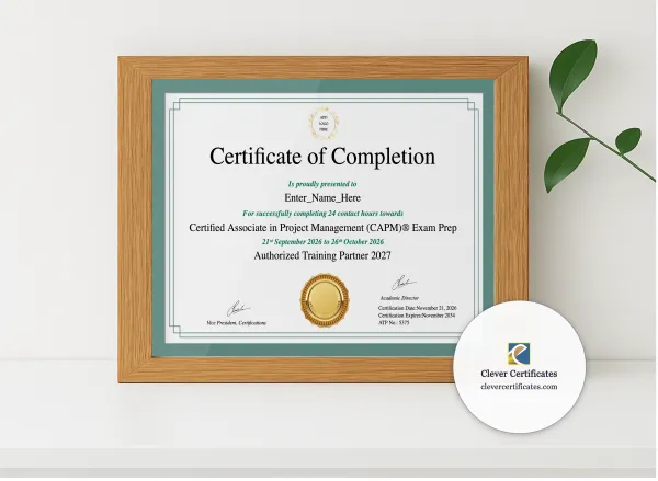 Realistic mockup featuring Certified Associate In Project Management Certificate displayed within a modern frame, set against a minimalistic background.