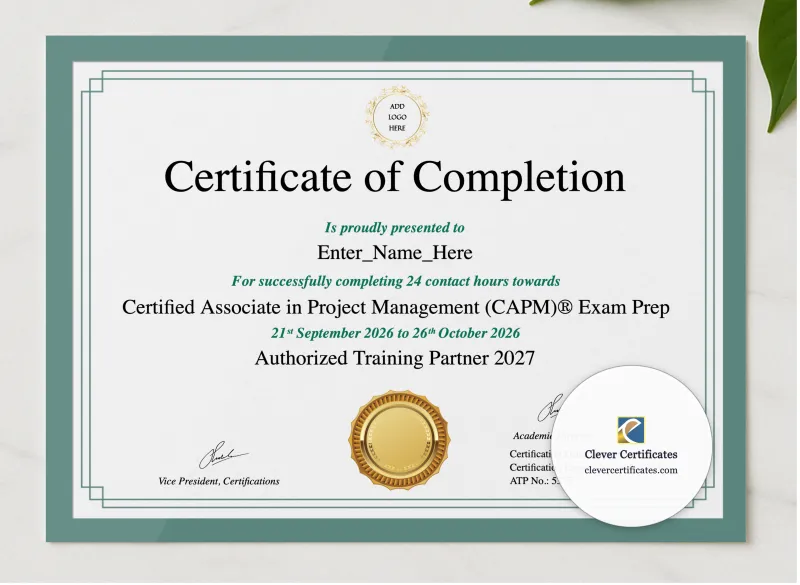 Certified Associate In Project Management Certificate presented in a sleek wooden frame, elegantly arranged on a stylish table.