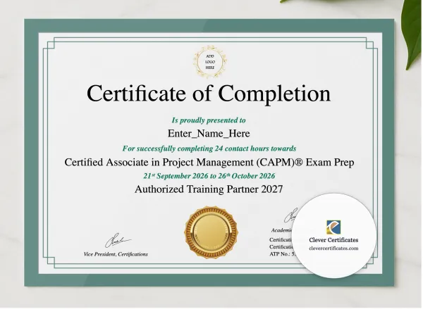 Certified Associate In Project Management Certificate presented in a sleek wooden frame, elegantly arranged on a stylish table.