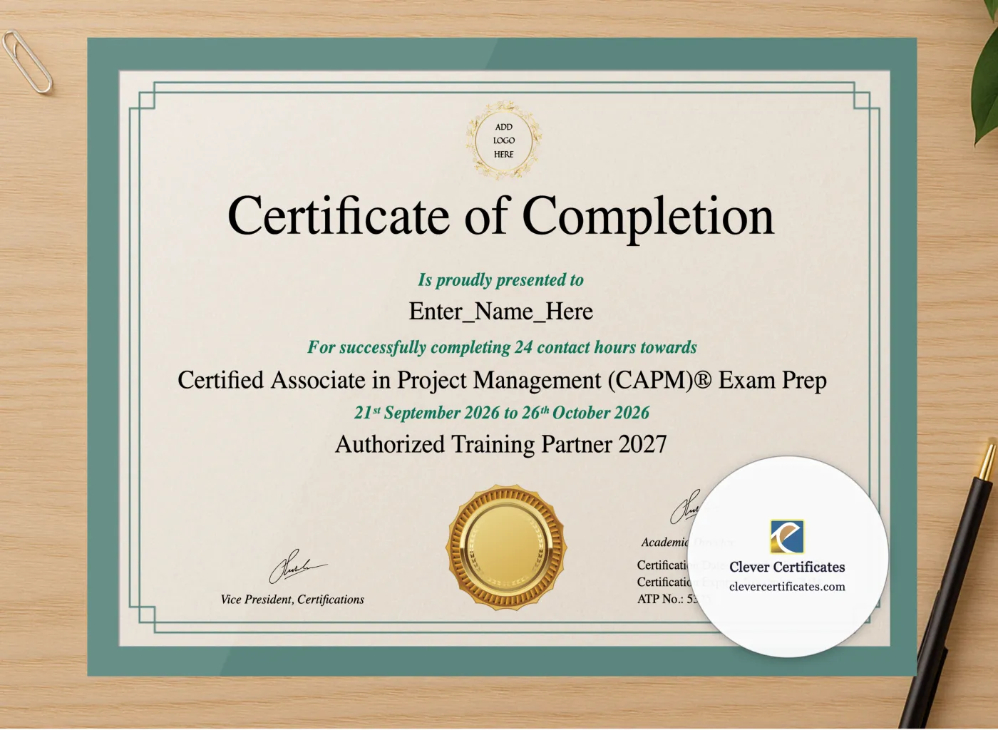 Professional preview of Certified Associate In Project Management Certificate certificate on high-quality stationery paper, ideal for showcasing the final look.